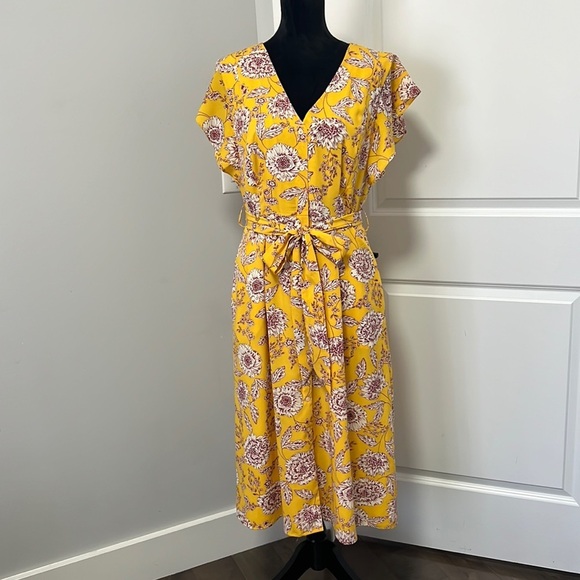 Alex Marie Yellow Ivory Floral Cap Sleeve Tie Front A-line MIDI dress size 8 - Picture 2 of 7